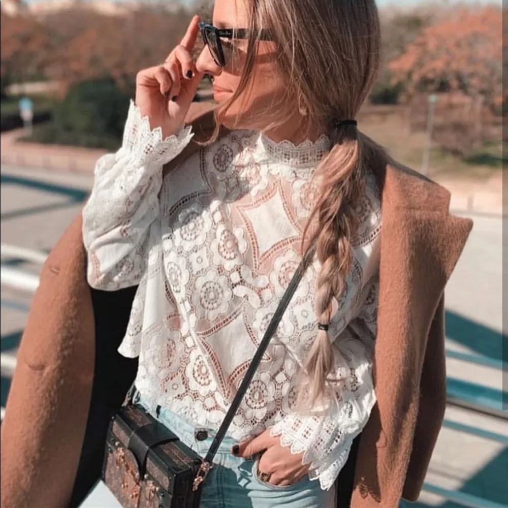 Long Sleeve High Neck Lace Blouse White Boho Chic - Picture 6 of 16
